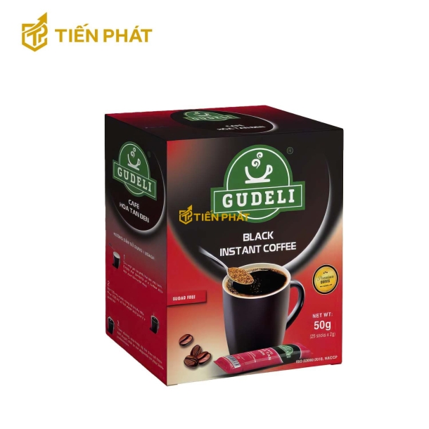 Hộp giấy đựng cà phê màu đỏ và đen, in chữ Gudeli