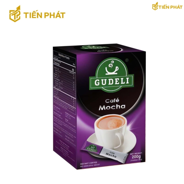 Hộp giấy đựng cà phê màu tím, in chữ Gudeli