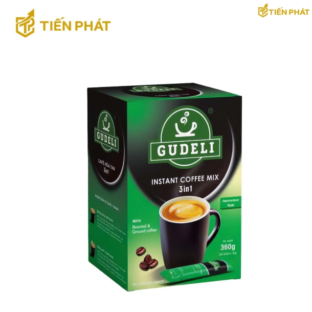 Hộp giấy đựng cà phê màu xanh lá và đen, in chữ Gudeli