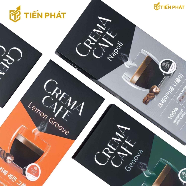 Hộp giấy đựng cà phê, nhiều màu sắc, in chữ "Crema Cafe Napoli"