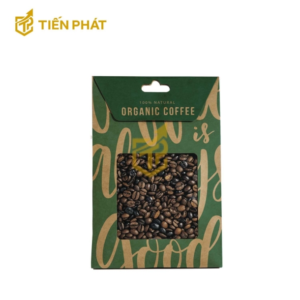 Hộp giấy đựng cafe, màu xanh lá, mặt kính nhựa mica