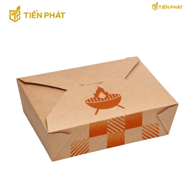 Hộp giấy đựng gà nướng, màu nâu, in hình bếp lửa