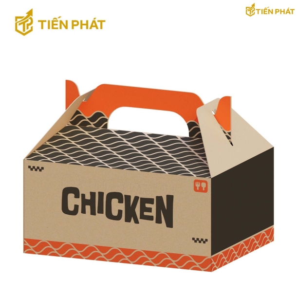 Hộp giấy đựng gà nướng, màu nâu, in họa tiết độc đáo