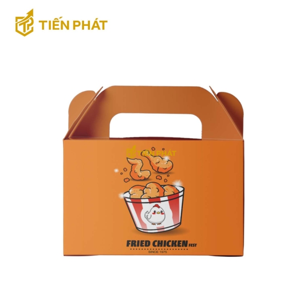 Hộp giấy đựng gà rán, màu cam, hình hũ gà thơm ngon