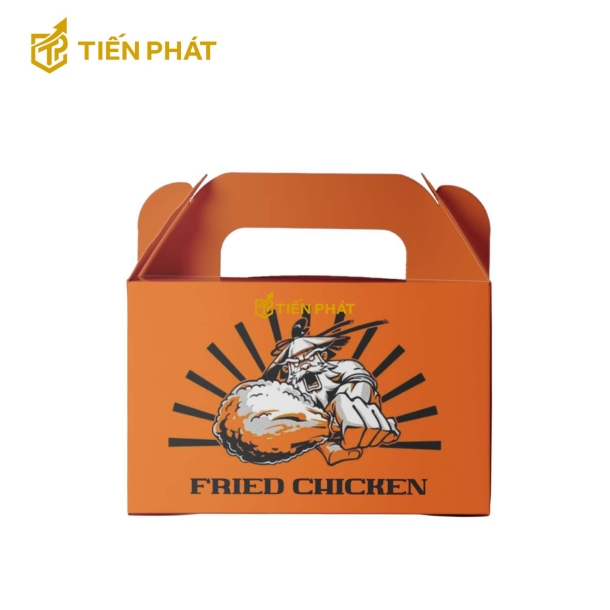 Hộp giấy đựng gà rán, màu cam, hình ông già cầm miếng gà