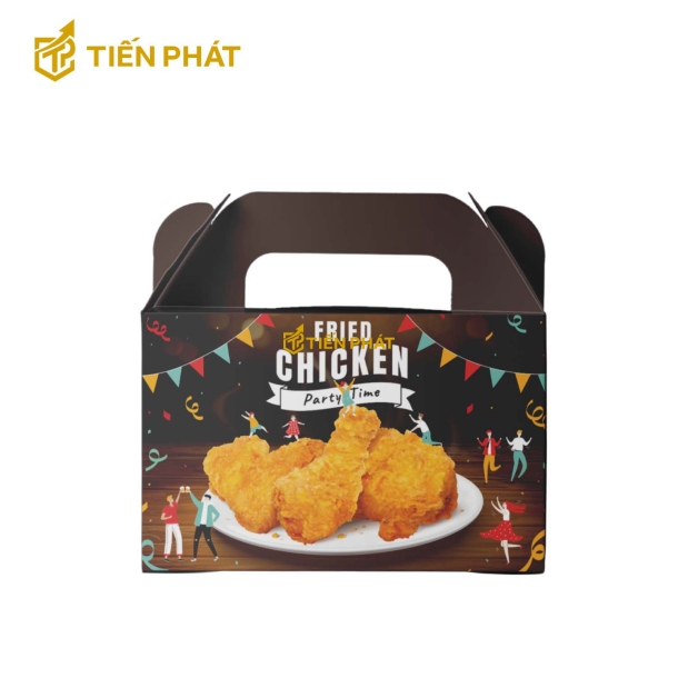 Hộp giấy đựng gà rán, màu đen, in các miếng gà thơm ngon