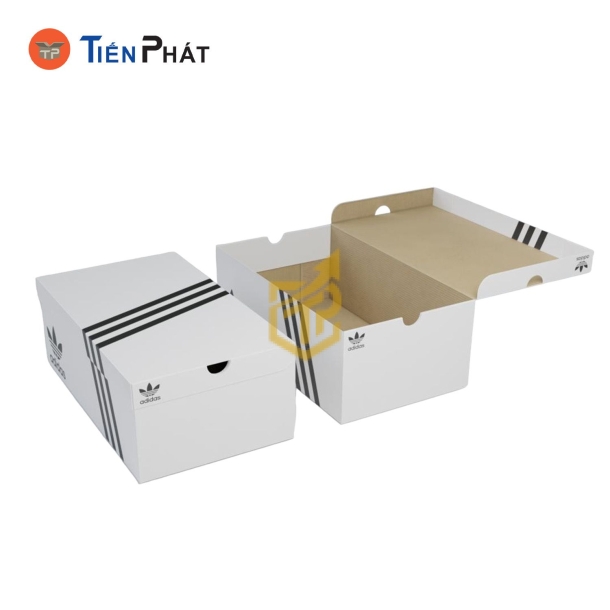 Hộp giấy đựng giày Adidas, màu trắng, nắp gập