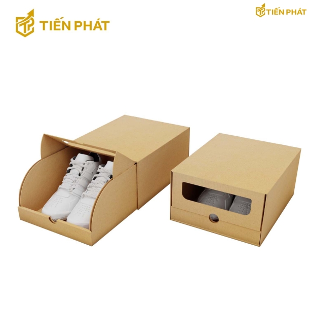 Hộp giấy đựng giày màu nâu, nắp kéo, không họa tiết