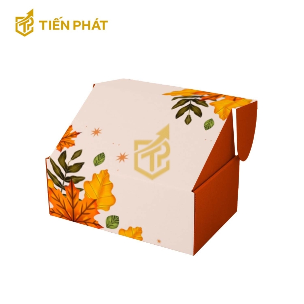 Hộp giấy đựng quần áo màu nâu, họa tiết hình lá cây