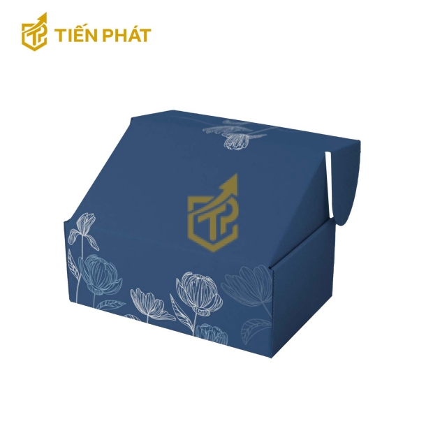 Hộp giấy đựng quần áo màu xanh dương đậm, họa tiết bông hoa