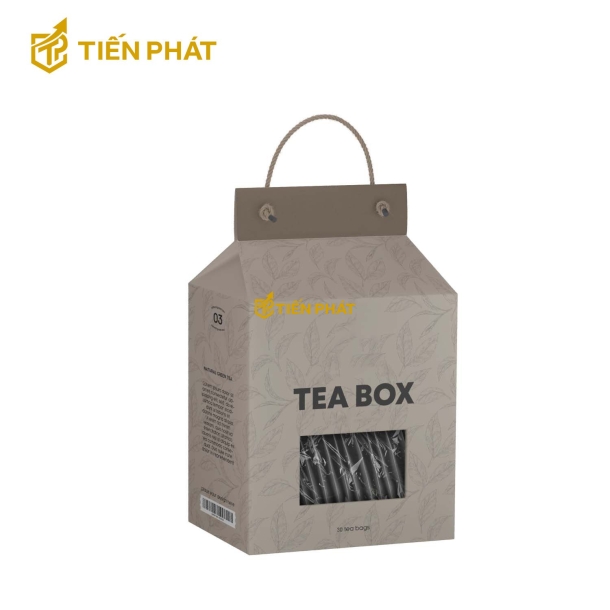 Hộp giấy đựng trà, màu nâu, in chữ "Tea Box"