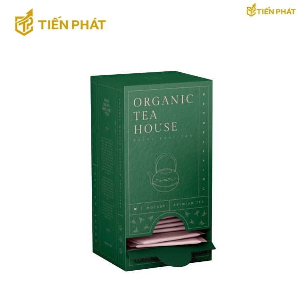 Hộp giấy đựng trà, màu xanh lá, in chữ "Organic Tea House"