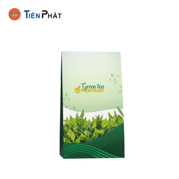 Hộp giấy đựng trà, màu xanh lá, in hình lá trà