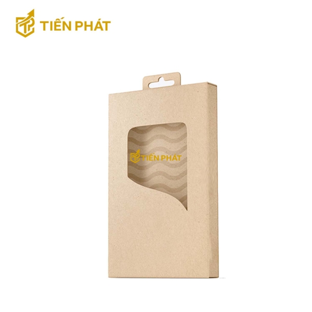 Hộp giấy kraft có quai, hình chữ nhật, màu nâu, một mặt nhựa mica