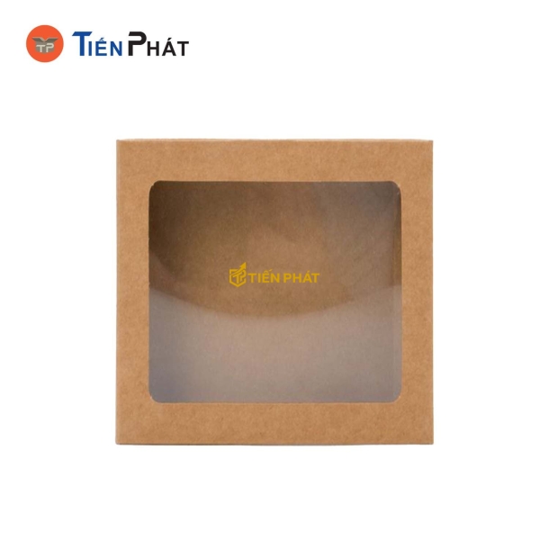 Hộp giấy kraft nắp trong, màu nâu, hình vuông, không họa tiết