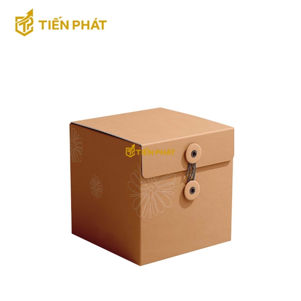 Hộp giấy kraft vuông, màu nâu, nắp gài, họa tiết đơn giản
