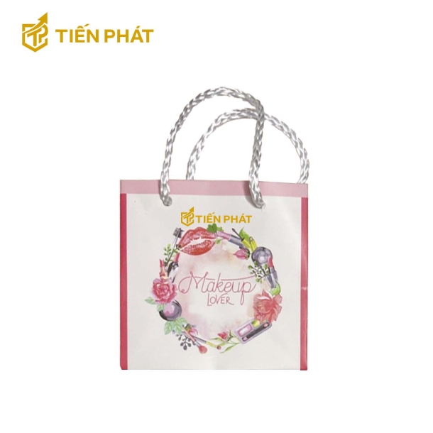 Túi giấy đựng son, màu hồng trắng, in chữ "Makeup Lover"